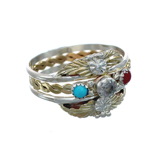 Native American Sterling Silver 12KGF Turquoise Coral Cubic Zirconia Ring Size 9-3/4 JX130880